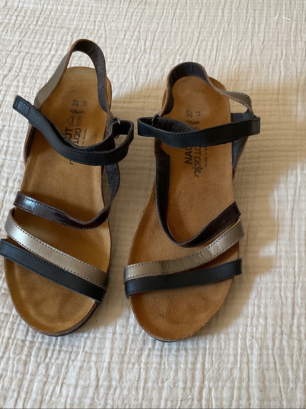 Naot Leather Multi-Strap Sandals in Black and Metallic